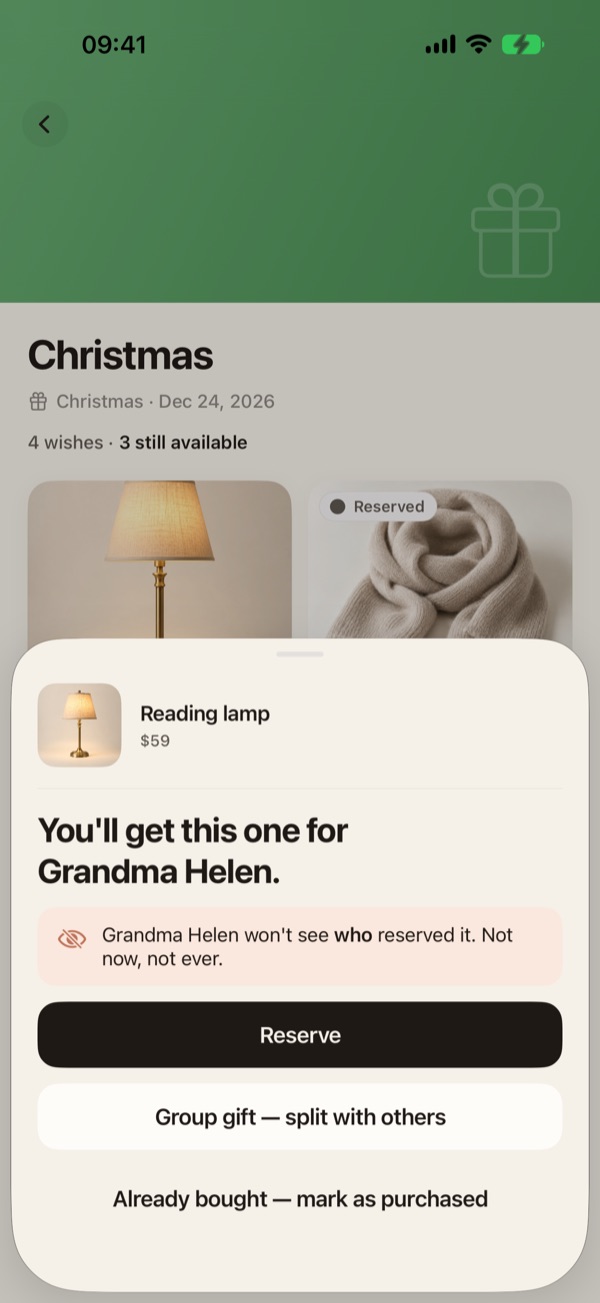 Giftyr screenshot: reserving a reading lamp, with a note that the list's owner never sees who reserved it