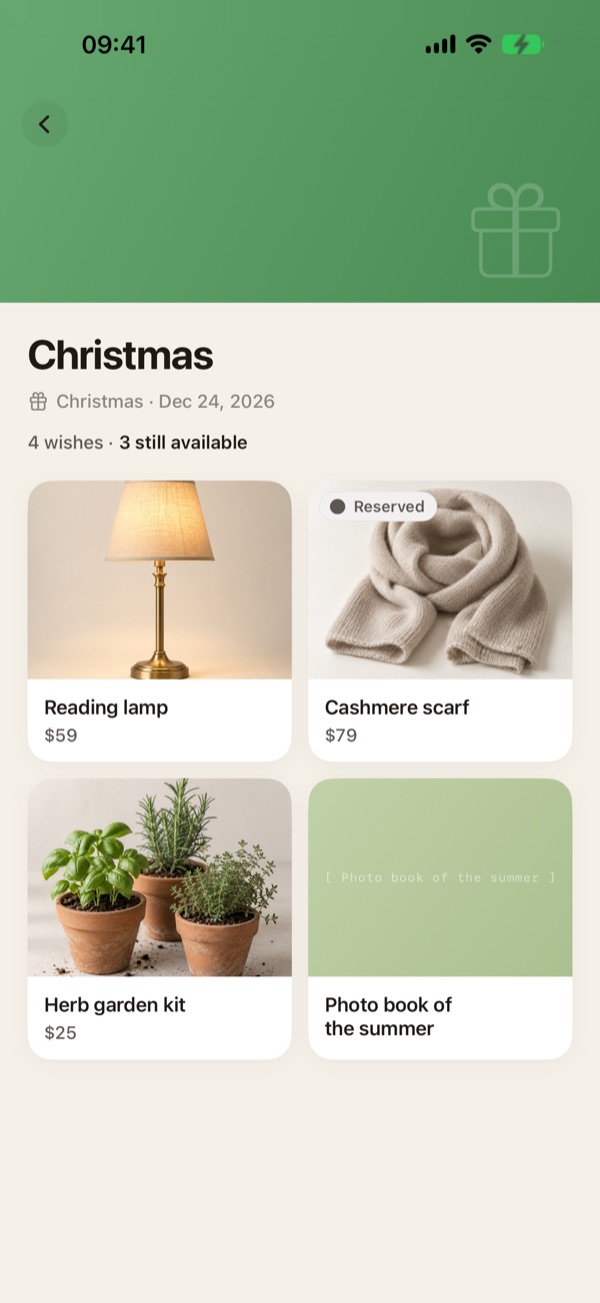 Giftyr screenshot: a Christmas wishlist with four wishes, one of them reserved