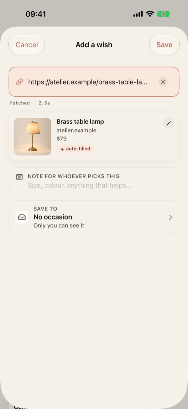 Giftyr screenshot: adding a wish from a link, with title and price filled in automatically