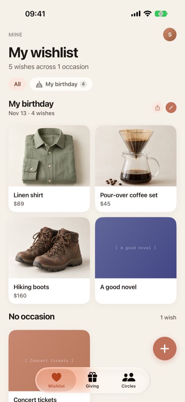 Giftyr screenshot: a personal wishlist with a birthday occasion and four wishes