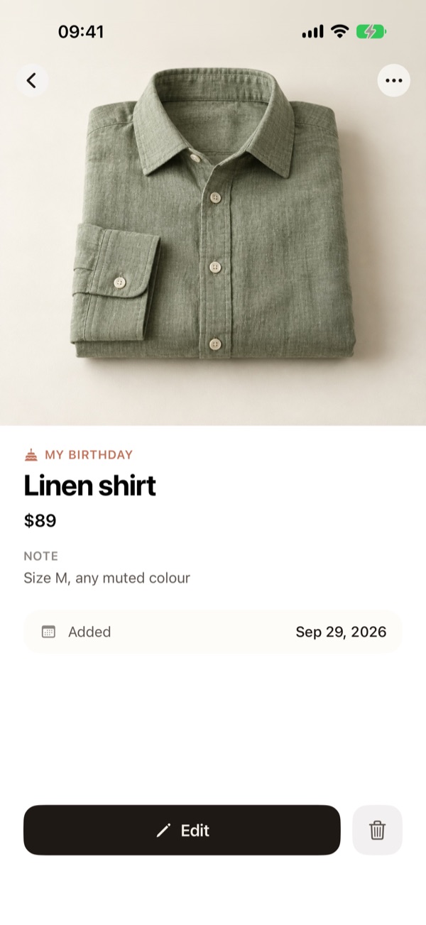 Giftyr screenshot: a linen shirt wish with a price and a note about the size