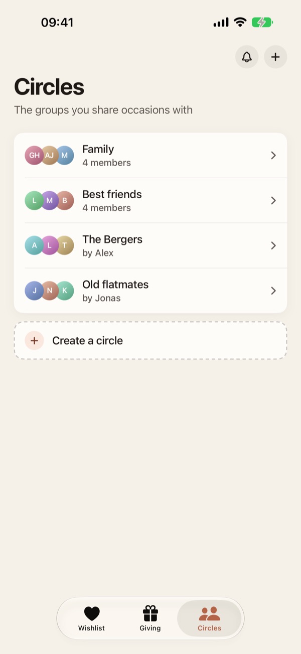 Giftyr screenshot: a list of private circles such as Family and Best friends